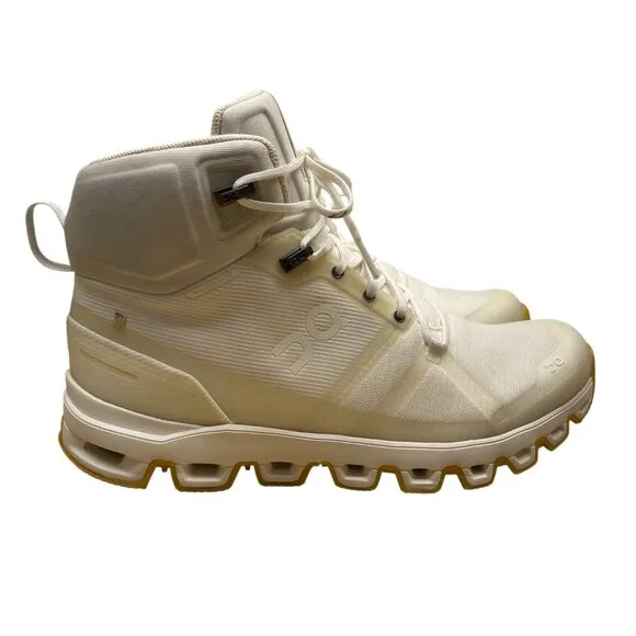 On Cloudrock Womens White/Yellow Waterproof Raw Edge Hiking Boots Size 9.5