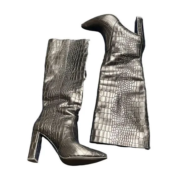 Paige Carmen  Leather Crocodile Print Pointed Toe Knee High Boots Size 7