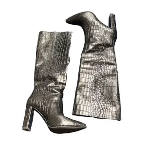 Paige Carmen  Leather Crocodile Print Pointed Toe Knee High Boots Size 7