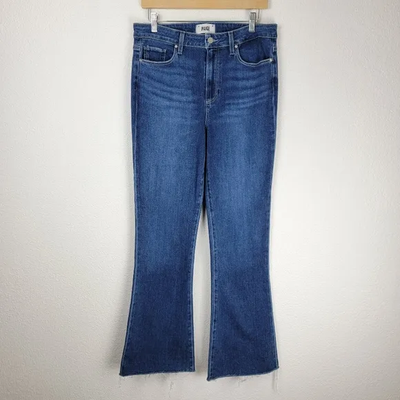 Paige Laurel Canyon High Rise Flare Raw Hem Boot Cut Jeans Montreux Dark Wash 30