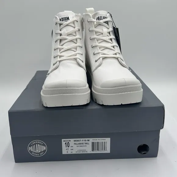 Palladium Pallabase Twill Women's Lace-Up Boots Sz US 10M Star White Block Heel