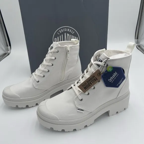 Palladium Pallabase Twill Women's Lace-Up Boots Sz US 10M Star White Block Heel