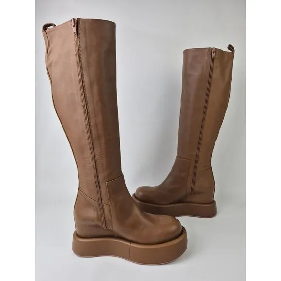 Paloma Barcelo Women's Brown Lena Platform Wedge Leather Boots Size 40 EU