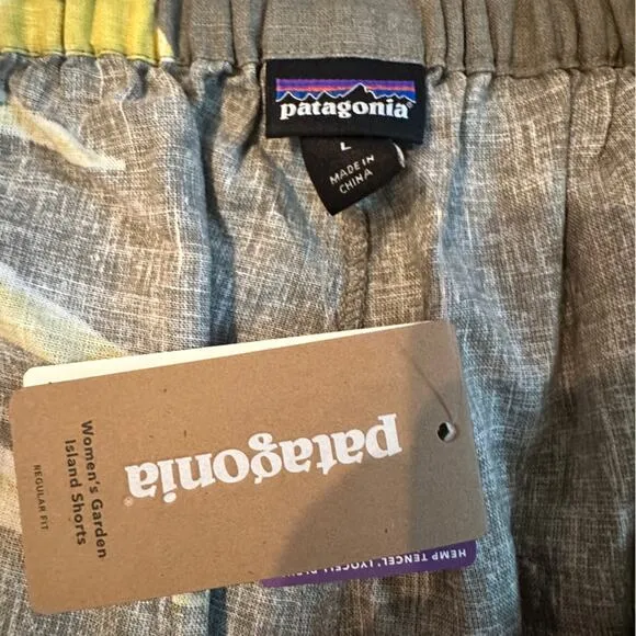 Patagonia Garden Island Palm Leaf Print Tie Waist Shorts in Marrow Gray Sz L NEW