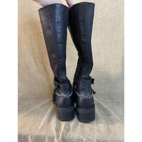 Patrizia By Spring Step Ganci B-8 Black Moto Boots Chain Strap Size 8 Zip Up