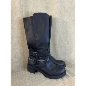 Patrizia By Spring Step Ganci B-8 Black Moto Boots Chain Strap Size 8 Zip Up
