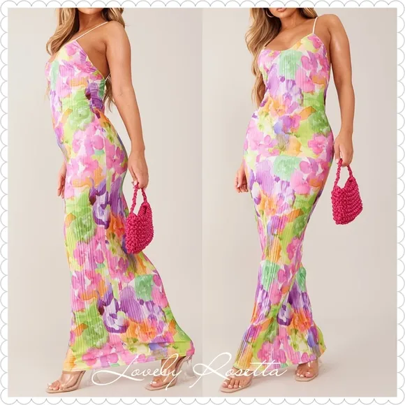 Pink Backless Floral Maxi Dress