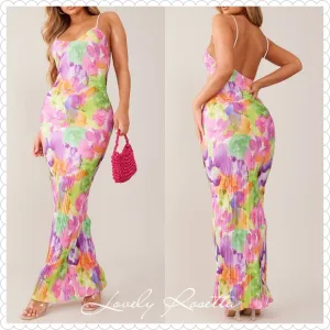 Pink Backless Floral Maxi Dress