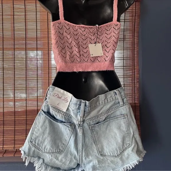 Pink Lily Distressed Denim Light Wash Jean Shorts