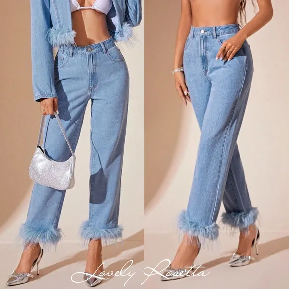 Plush Hem High Rise Straight Jeans