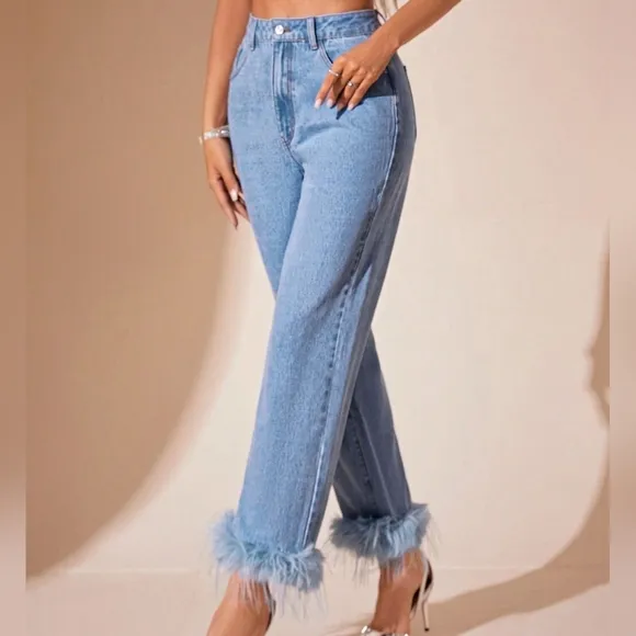Plush Hem High Rise Straight Jeans