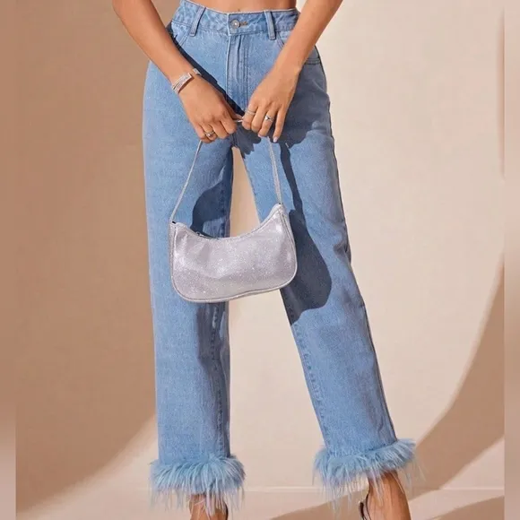 Plush Hem High Rise Straight Jeans