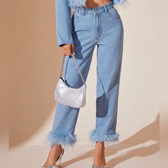 Plush Hem High Rise Straight Jeans