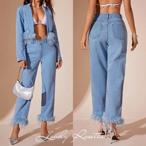 Plush Hem High Rise Straight Jeans