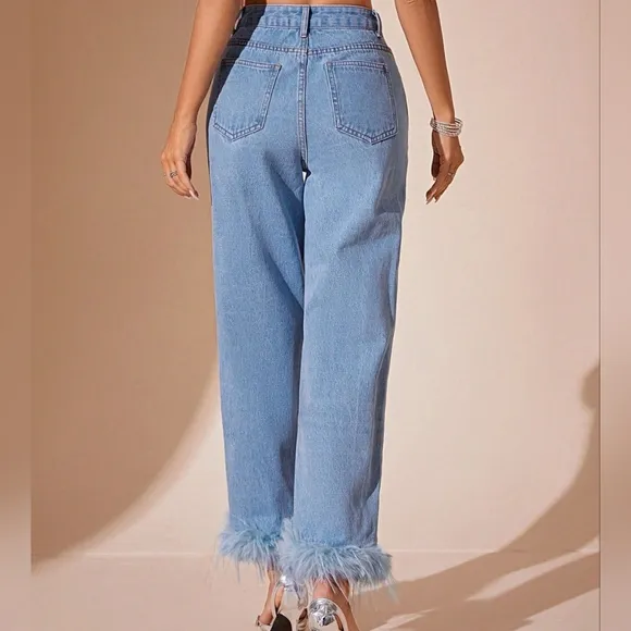 Plush Hem High Rise Straight Jeans