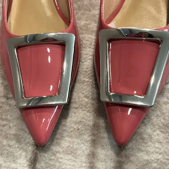 Pointed Toe Pink Vegan Patent Leather Flats with Silver Accent Size 37 It#P03