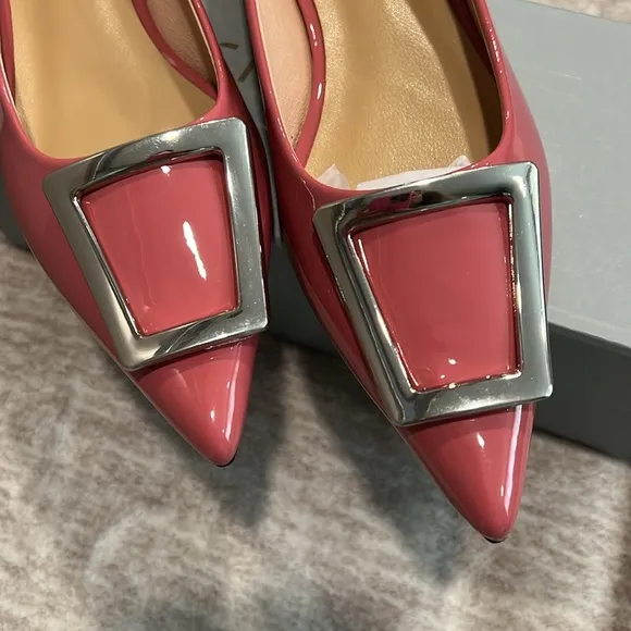 Pointed Toe Pink Vegan Patent Leather Flats with Silver Accent Size 37 It#P03