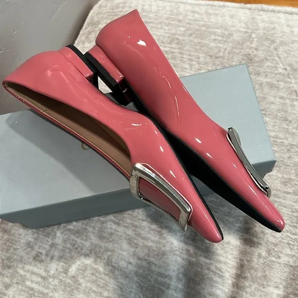 Pointed Toe Pink Vegan Patent Leather Flats with Silver Accent Size 37 It#P03