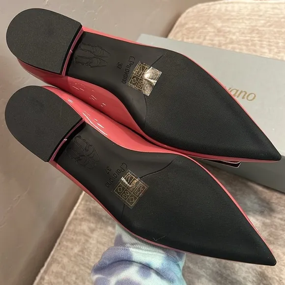 Pointed Toe Pink Vegan Patent Leather Flats with Silver Accent Size 37 It#P03