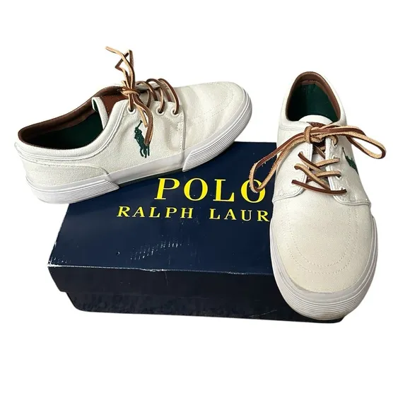 Polo by Ralph Lauren White and Brown Sneakers with Canvas Body