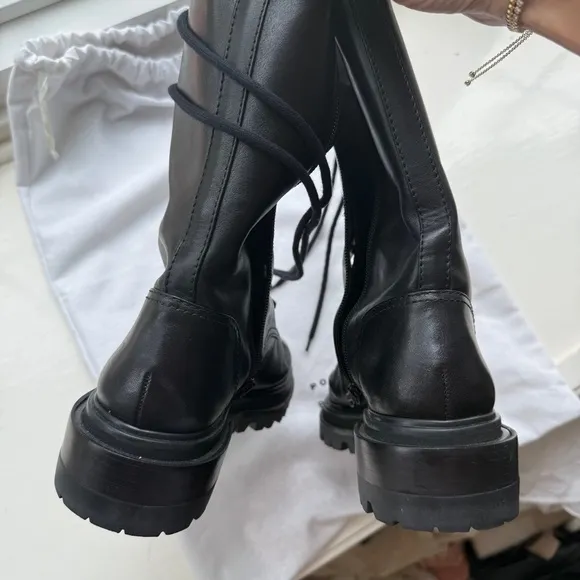 PORTE &amp; PAIRE Leather Tall Black Combat Moto Boots - 7.5