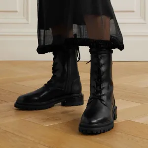 PORTE &amp; PAIRE Leather Tall Black Combat Moto Boots - 7.5