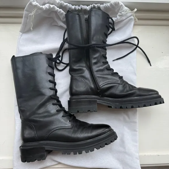 PORTE &amp; PAIRE Leather Tall Black Combat Moto Boots - 7.5