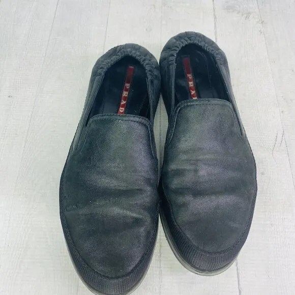 Prada 4D 2363 Luxury Black Leather Slip On Boat Espadrilles Shoes Size UK 6 US 7
