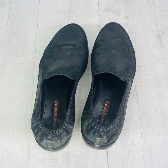 Prada 4D 2363 Luxury Black Leather Slip On Boat Espadrilles Shoes Size UK 6 US 7
