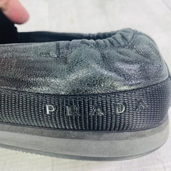 Prada 4D 2363 Luxury Black Leather Slip On Boat Espadrilles Shoes Size UK 6 US 7