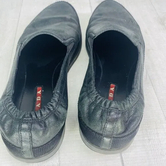 Prada 4D 2363 Luxury Black Leather Slip On Boat Espadrilles Shoes Size UK 6 US 7
