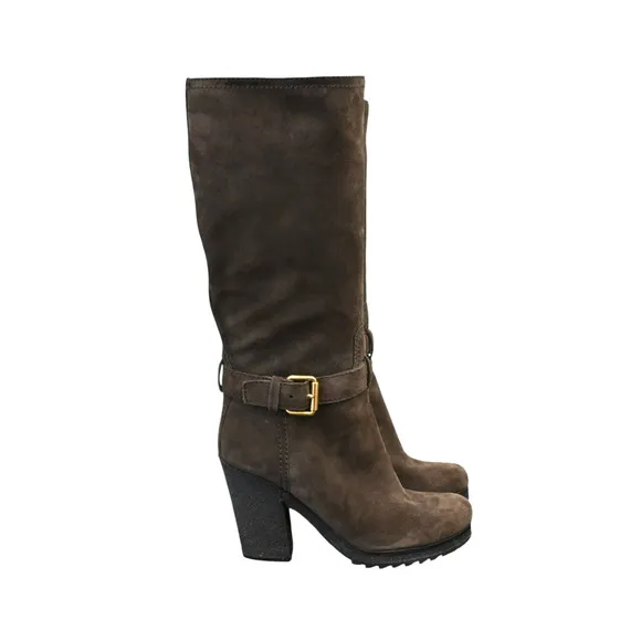 Prada Boots Women's Brown Size 38 Suede Round Toe Block Heel Mid Calf