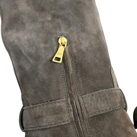 Prada Boots Women's Brown Size 38 Suede Round Toe Block Heel Mid Calf