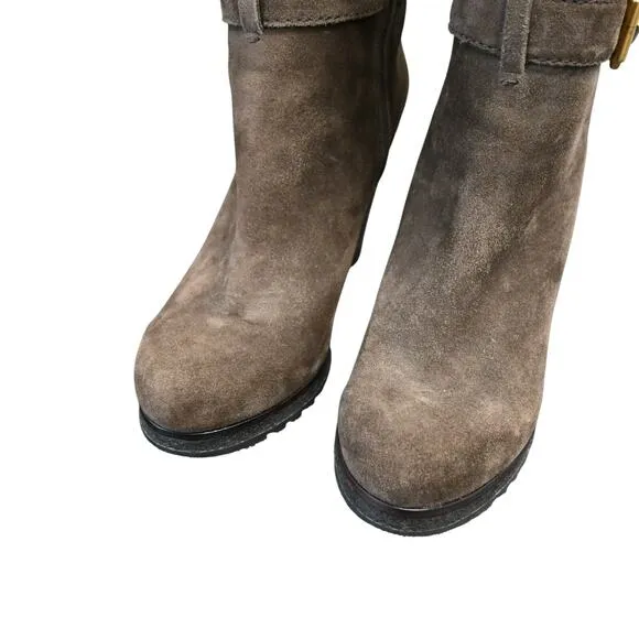 Prada Boots Women's Brown Size 38 Suede Round Toe Block Heel Mid Calf