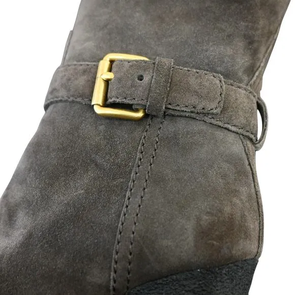 Prada Boots Women's Brown Size 38 Suede Round Toe Block Heel Mid Calf