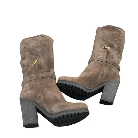 Prada Boots Women's Brown Size 38 Suede Round Toe Block Heel Mid Calf
