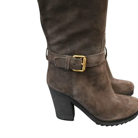 Prada Boots Women's Brown Size 38 Suede Round Toe Block Heel Mid Calf