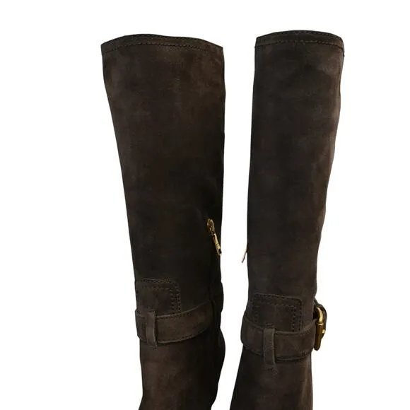 Prada Boots Women's Brown Size 38 Suede Round Toe Block Heel Mid Calf