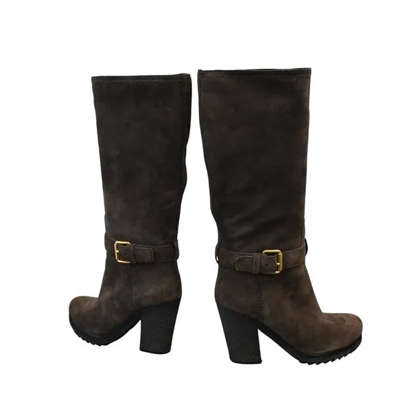 Prada Boots Women's Brown Size 38 Suede Round Toe Block Heel Mid Calf