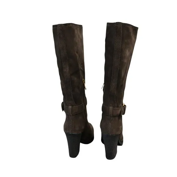 Prada Boots Women's Brown Size 38 Suede Round Toe Block Heel Mid Calf