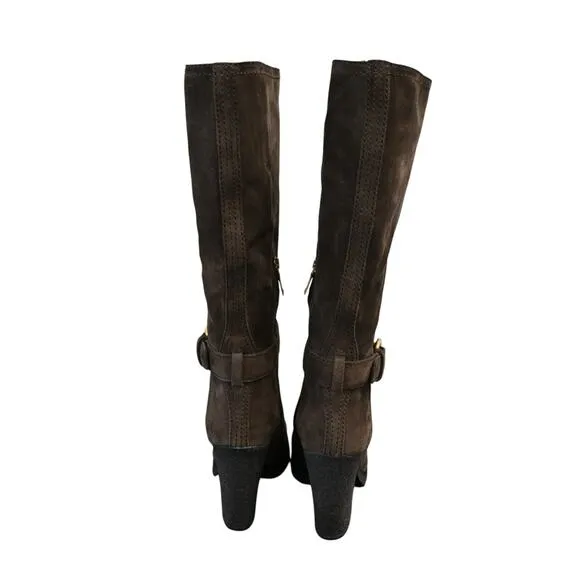 Prada Boots Women's Brown Size 38 Suede Round Toe Block Heel Mid Calf