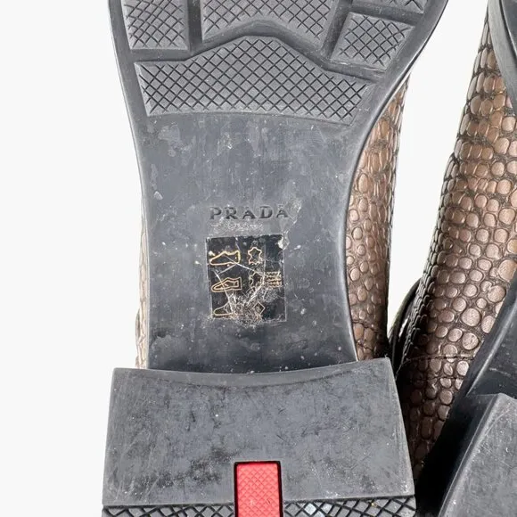 Prada Croc Moto Boots EU 39 US 9 Brown Embossed Leather Mid Calf Harness Biker