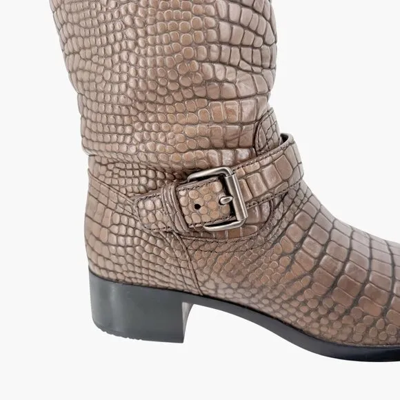 Prada Croc Moto Boots EU 39 US 9 Brown Embossed Leather Mid Calf Harness Biker