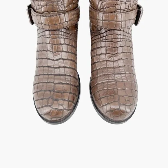 Prada Croc Moto Boots EU 39 US 9 Brown Embossed Leather Mid Calf Harness Biker