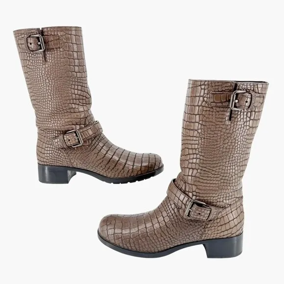 Prada Croc Moto Boots EU 39 US 9 Brown Embossed Leather Mid Calf Harness Biker