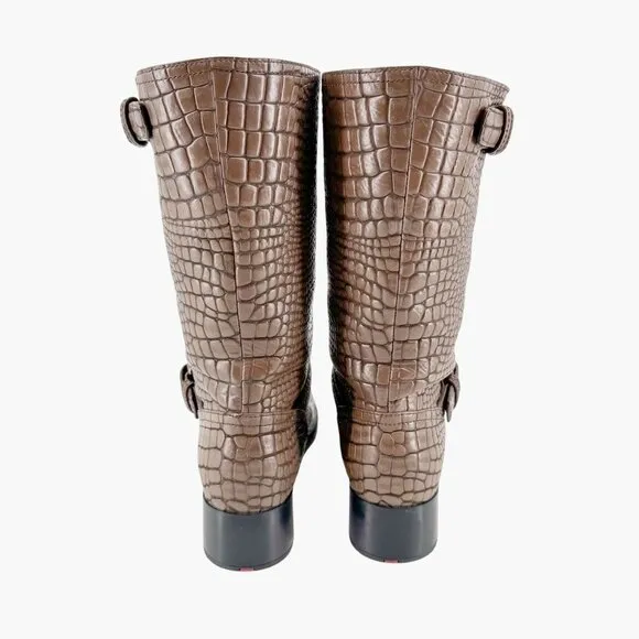 Prada Croc Moto Boots EU 39 US 9 Brown Embossed Leather Mid Calf Harness Biker