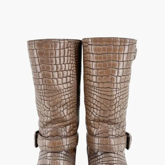 Prada Croc Moto Boots EU 39 US 9 Brown Embossed Leather Mid Calf Harness Biker
