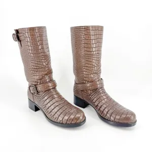 Prada Croc Moto Boots EU 39 US 9 Brown Embossed Leather Mid Calf Harness Biker