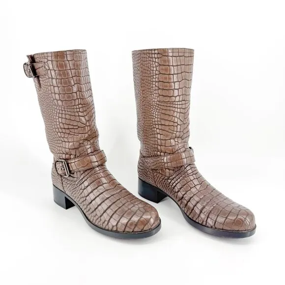 Prada Croc Moto Boots EU 39 US 9 Brown Embossed Leather Mid Calf Harness Biker