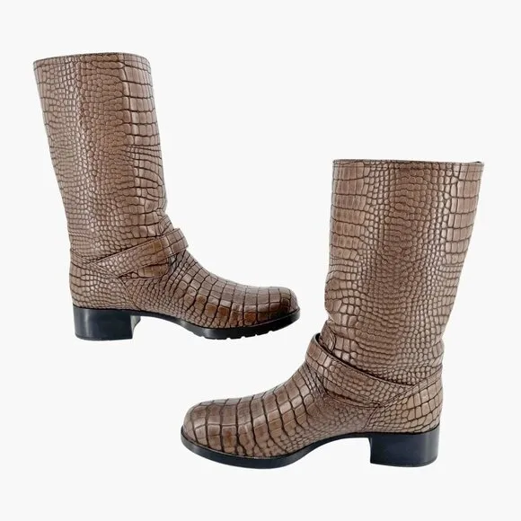 Prada Croc Moto Boots EU 39 US 9 Brown Embossed Leather Mid Calf Harness Biker